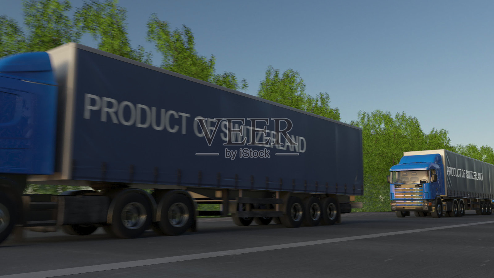 移动拖车上标有瑞士产品说明的货运半挂车。道路货物运输。三维渲染照片摄影